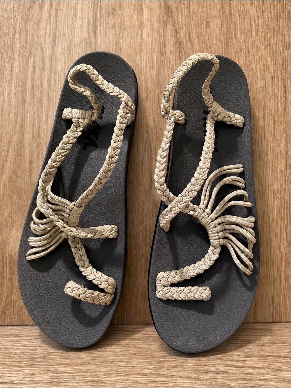 Braided Rope Sandals in Beige and Black - Women's Casual Slides